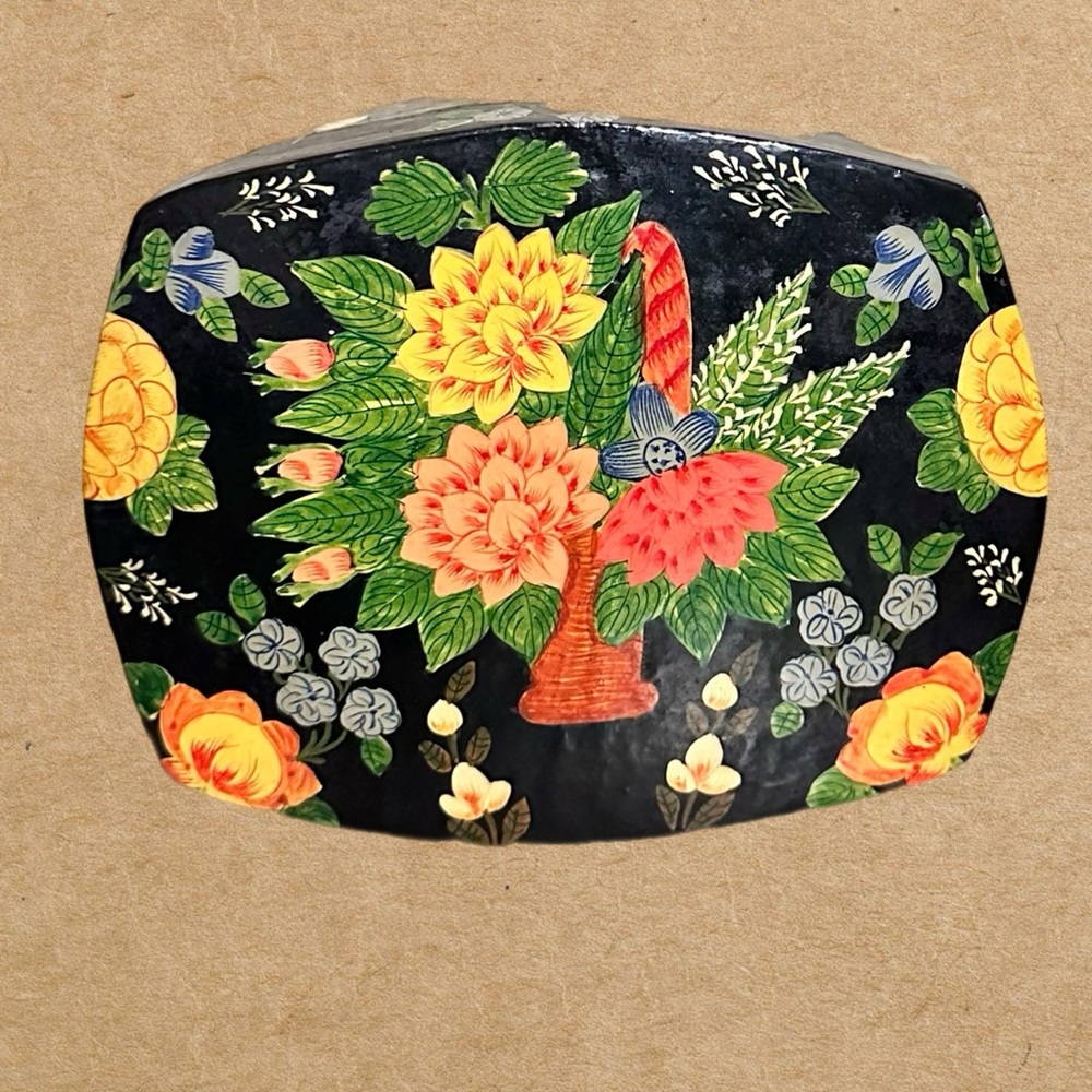 Vintage Kashmir Hand Painted Floral Lacquered Paper Mache Trinket Box